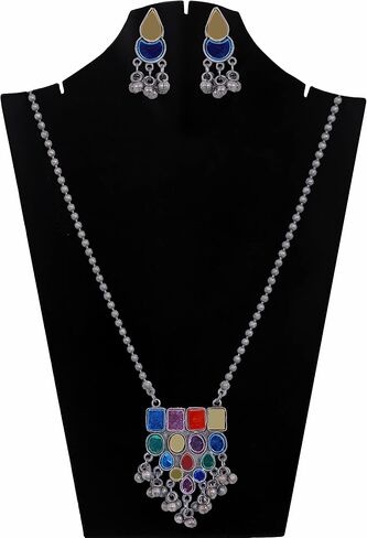 Indian Antique Designer Handmade Silver Oxidized Mirror Ghungroo Bells Tribal Gypsy Statement Long Sweater Necklace Jewelry Women Girls in Saudi Arabia