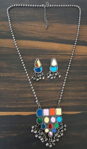 Indian Antique Designer Handmade Silver Oxidized Mirror Ghungroo Bells Tribal Gypsy Statement Long Sweater Necklace Jewelry Women Girls in Saudi Arabia
