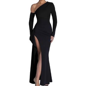 Memoriesea Women's One Shoulder Long Sleeve Sexy High Slit Wedding Guest Party Maxi Dress in Kuwait