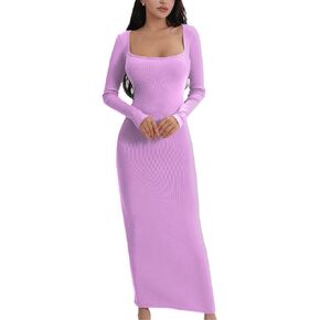 AYWA Women's Long Sleeve Square Neck Maxi Dress Ribbed Knitted Soft Lounge Bodycon Dress
