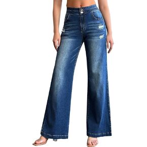 roswear Women’s Casual Distressed High Waisted Denim Pants Stretch Baggy Loose Wide Leg Jeans in Saudi Arabia