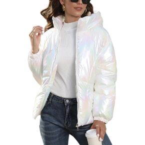 معطف Xaspee النسائي اللامع للشتاء قصير دافئ ومبطن بألوان قوس قزح وخفيف الوزن وسحاب وغطاء للرأس ومعطف منتفخ مبطن in Kuwait