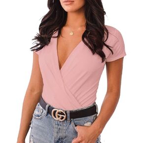 LINMON Women's Short Sleeve Bodysuit Surplice Ruched Plunge V Neck Stretchy Jumpsuit Leotards in Kuwait