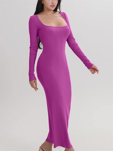 AYWA Women's Long Sleeve Square Neck Maxi Dress Ribbed Knitted Soft Lounge Bodycon Dress in Kuwait