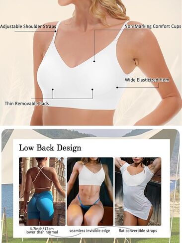 حمالة صدر نسائية منخفضة الظهر خالية من الأسلاك بدون خياطة متعددة الاتجاهات قابلة للتحويل وأشرطة قابلة للتعديل مع مبطنة قابلة للإزالة in Kuwait