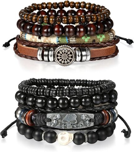 Cupimatch 8 Pcs Wrap Leather Wristbands Bracelets, Wood Beads Bracelets for Men Women Adjustable7-11 in Saudi Arabia