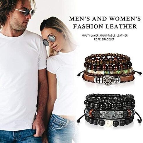 Cupimatch 8 Pcs Wrap Leather Wristbands Bracelets, Wood Beads Bracelets for Men Women Adjustable7-11 in Saudi Arabia