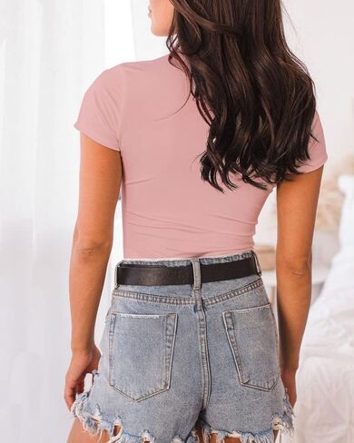 LINMON Women's Short Sleeve Bodysuit Surplice Ruched Plunge V Neck Stretchy Jumpsuit Leotards in Kuwait