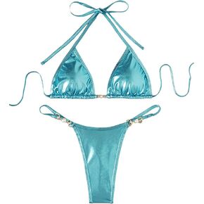 GORGLITTER Women's 2 Piece Sexy Bikini Set String Cheeky Bottom Swimsuit Y2K Micro Chain High Cut Thong Bathing Suit