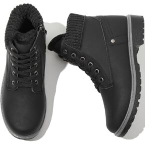 POVOGER Womens Black Ankle Boots White Winter Boots Fuzzy Boots Combat Boots Snow Booties with Side Zipper