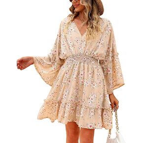 Jollycode Women's Spring Summer 2023 Floral Mini Dress Boho A Line Chiffon Dress Casual Batwing Sleeve Short Dress