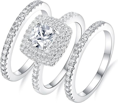 MDFUN 18K White Gold Plated Square Cubic Zirconia Three-in-One Halo Wedding Engagement Promise Eternity Ring for Women in Saudi Arabia