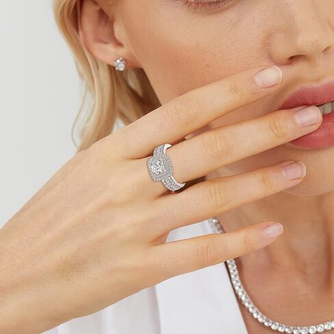 MDFUN 18K White Gold Plated Square Cubic Zirconia Three-in-One Halo Wedding Engagement Promise Eternity Ring for Women in Saudi Arabia