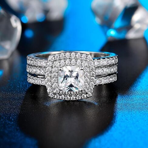 MDFUN 18K White Gold Plated Square Cubic Zirconia Three-in-One Halo Wedding Engagement Promise Eternity Ring for Women in Saudi Arabia