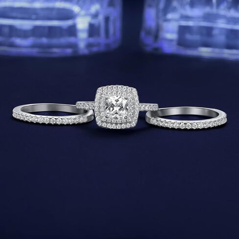 MDFUN 18K White Gold Plated Square Cubic Zirconia Three-in-One Halo Wedding Engagement Promise Eternity Ring for Women in Saudi Arabia