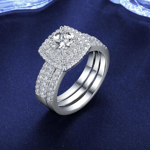 MDFUN 18K White Gold Plated Square Cubic Zirconia Three-in-One Halo Wedding Engagement Promise Eternity Ring for Women in Saudi Arabia