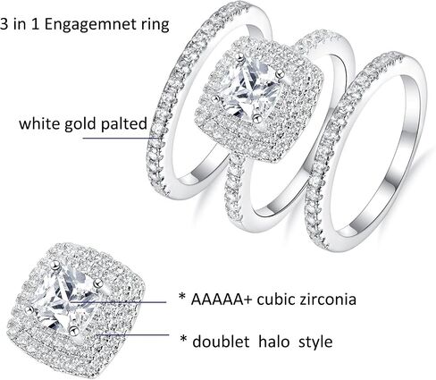 MDFUN 18K White Gold Plated Square Cubic Zirconia Three-in-One Halo Wedding Engagement Promise Eternity Ring for Women in Saudi Arabia