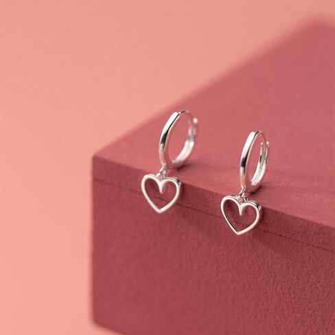 Hollow Dangle Heart Love Small Hoop Cuff Earrings for Women Teen Girls Dainty Sterling Silver Huggie Hinged Cute Cartilage Hypoallergenic Dangling Little Hoops Gifts for Her Bff Daughter Birthday 9mm in Kuwait