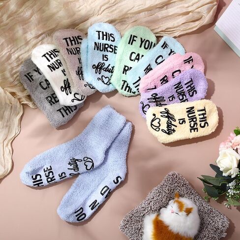 Ramede 10 Pairs Funny Nurse Theme Novelty Fuzzy Socks Christmas Novelty Socks Gifts for Women, If You Can Read This Nurse Is off Duty Winter Cotton Socks for Nurses White Angels Birthday, 10 Colors in Saudi Arabia