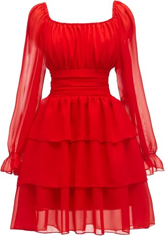 OBBUE Women's Summer Dress Tie Back Square Neck Aline Long Sleeve Layered Swing Mini Dresses in Saudi Arabia