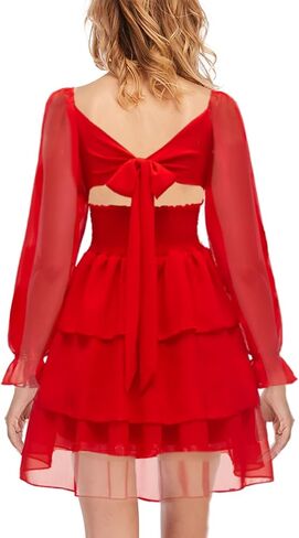 OBBUE Women's Summer Dress Tie Back Square Neck Aline Long Sleeve Layered Swing Mini Dresses in Saudi Arabia