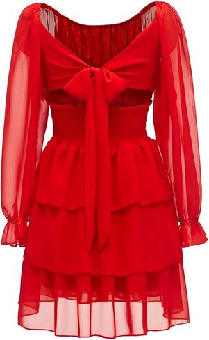 OBBUE Women's Summer Dress Tie Back Square Neck Aline Long Sleeve Layered Swing Mini Dresses in Saudi Arabia