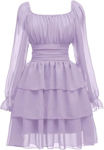 OBBUE Women's Summer Dress Tie Back Square Neck Aline Long Sleeve Layered Swing Mini Dresses in Saudi Arabia