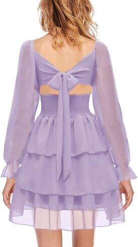 OBBUE Women's Summer Dress Tie Back Square Neck Aline Long Sleeve Layered Swing Mini Dresses in Saudi Arabia