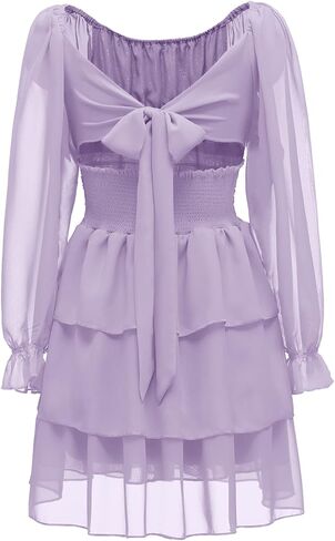 OBBUE Women's Summer Dress Tie Back Square Neck Aline Long Sleeve Layered Swing Mini Dresses in Saudi Arabia