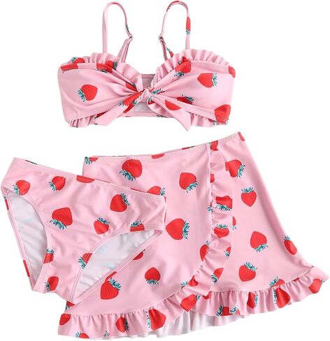 بدلة سباحة بيكيني مكشكشة من الأمام مكونة من 3 قطع للفتيات من Verdusa مع مجموعة تنورة الشاطئ in Kuwait