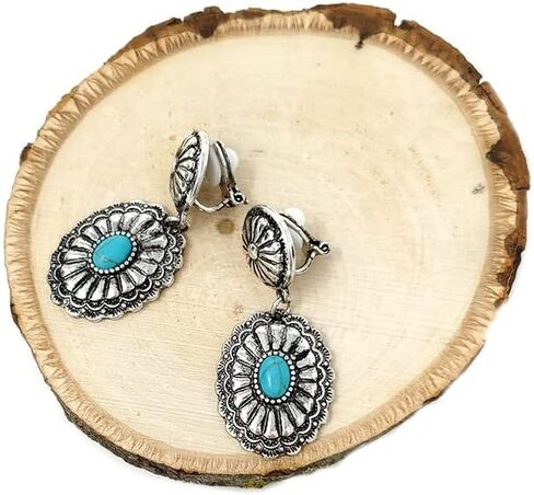 Emulily Western Concho Dangling Clip on Earrings Navajo (Turquoise) in Saudi Arabia