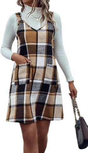 OYOANGLE Women's Women's Plaid Knit Overall Dress V Neck Straps Mini Pinafore Dress with Pockets in Saudi Arabia