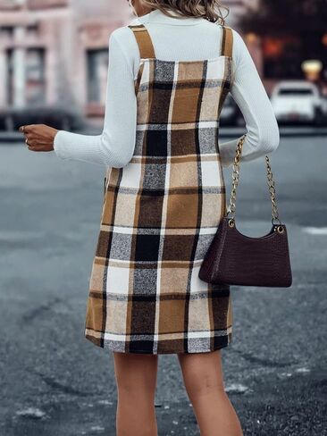 OYOANGLE Women's Women's Plaid Knit Overall Dress V Neck Straps Mini Pinafore Dress with Pockets in Saudi Arabia