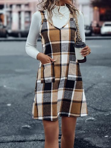 OYOANGLE Women's Women's Plaid Knit Overall Dress V Neck Straps Mini Pinafore Dress with Pockets in Saudi Arabia