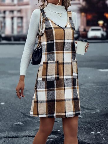 OYOANGLE Women's Women's Plaid Knit Overall Dress V Neck Straps Mini Pinafore Dress with Pockets in Saudi Arabia
