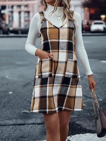OYOANGLE Women's Women's Plaid Knit Overall Dress V Neck Straps Mini Pinafore Dress with Pockets in Saudi Arabia