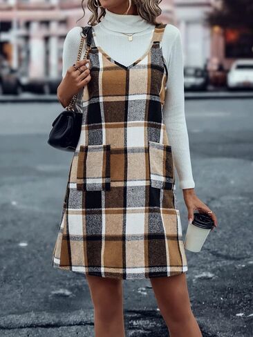 OYOANGLE Women's Women's Plaid Knit Overall Dress V Neck Straps Mini Pinafore Dress with Pockets in Saudi Arabia