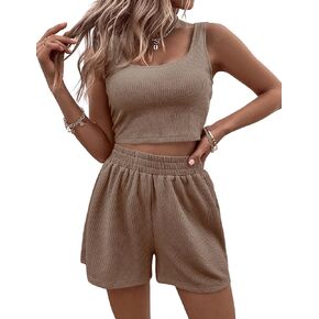 SECRETEYARD Womens Two Piece Outfits Summer Shorts Sets Ribbed Crop Tank Top and Shorts Lounge Sets