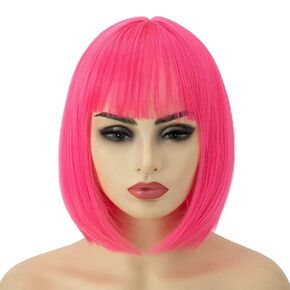 SARLA Pink Short Bob Wigs with Bangs 8 Inch Fashion Synthetic Colorful Cosplay Daily Party Wig for Women