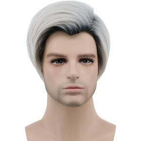 karlery Mens Short Straight Dark Root White Wig Two Tone Halloween Costume Cosplay Wig in Kuwait
