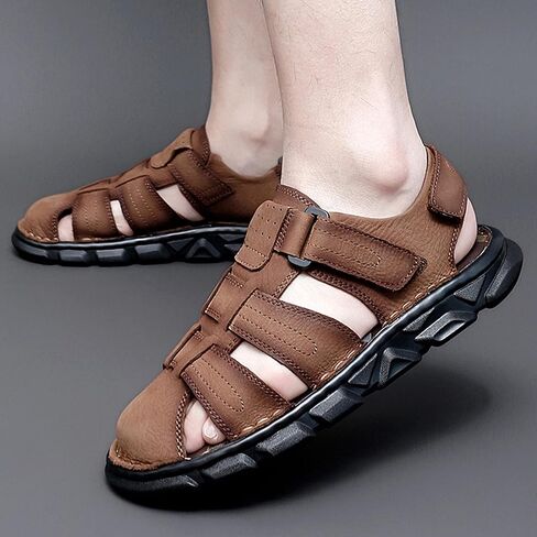 FIYIDYM Mens Sport Sandals Closed Toe Leather Sandals Outdoor Adjustable Fisherman Summer Beach Shoes in Saudi Arabia