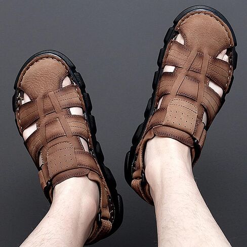 FIYIDYM Mens Sport Sandals Closed Toe Leather Sandals Outdoor Adjustable Fisherman Summer Beach Shoes in Saudi Arabia