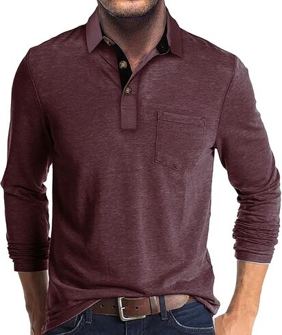 Mens Long Sleeve Polo Shirts Classic Button Down Golf Shirt Fashion Casual Moisture Wicking Shirts with Pocket in Saudi Arabia