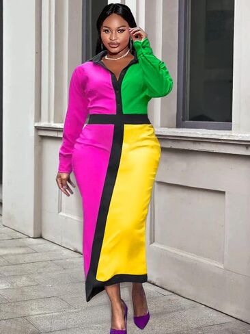 AOMEI Women's Colorblock Button Down Long Sleeve High Waist Pencil Dress in Saudi Arabia
