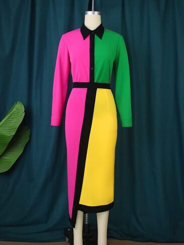 AOMEI Women's Colorblock Button Down Long Sleeve High Waist Pencil Dress in Saudi Arabia