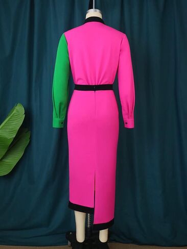 AOMEI Women's Colorblock Button Down Long Sleeve High Waist Pencil Dress in Saudi Arabia