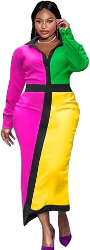 AOMEI Women's Colorblock Button Down Long Sleeve High Waist Pencil Dress in Saudi Arabia