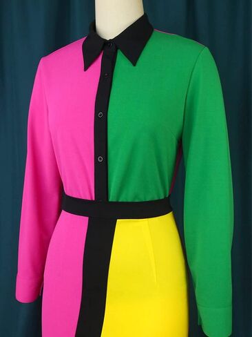 AOMEI Women's Colorblock Button Down Long Sleeve High Waist Pencil Dress in Saudi Arabia