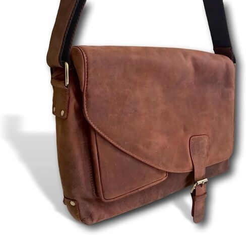 Genuine Soft Leather Messenger Bag | Handmade 16" Classic Leather Satchel Crossbody Bag by Kauri Design, Brown, Large in Kuwait
