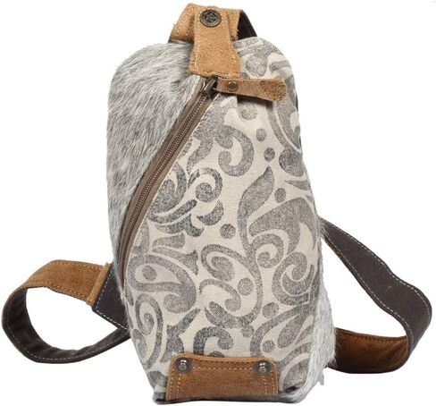 Myra Bag Top Zipper Upcycled Canvas & Cowhide Fanny Pack S-1300, Brown, Size 8.0 in Saudi Arabia